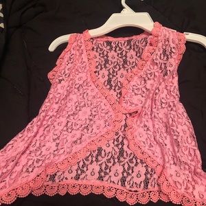 Blue blouse and pink jacket